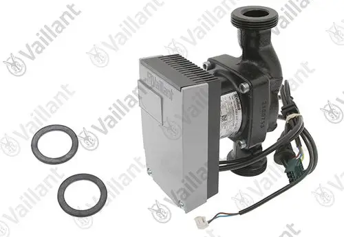 Vaillant Pumpe mit Motor und Anschlusskabel, zwei Dichtungen. Die Pumpe ist für Heizungs- oder Wasserzirkulationssysteme vorgesehen.